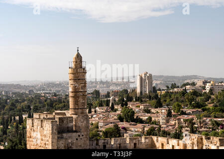 Aerial view of the high minaret located inside the David's Tower, a medieval fortress near the Jaffa Gate, the historic entrance gate to the Old City  Stock Photo