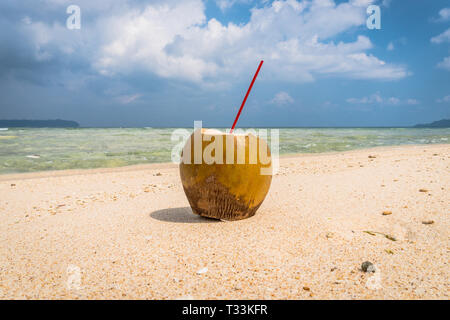 Coconut cocktail at the beach. Red straw in green coconut lies on the sand on the beach against the blue sky and the sea with clear turquoise water Stock Photo