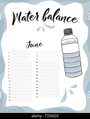 Water consumption per week and month June. Water balance vector calendar. Water monthly tracker. Stock Vector