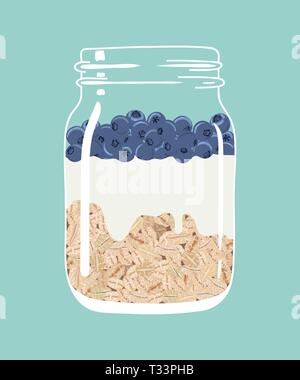 Overnight oats with fresh blueberries and yogurt in glass vintage mason jar. Healthy natural delicious breakfast. Stock Vector