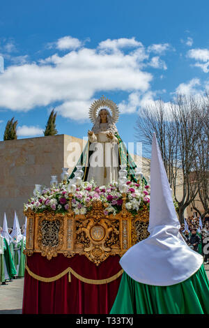 Zamora, Spain; March 2018: Virgin Our Lady of Hope (Esperanza) on her 'paso'. Procession of Holy Week on Good Thursday morning in Zamora , processions Stock Photo
