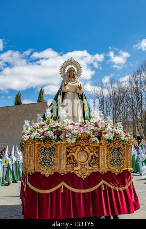 Zamora, Spain; March 2018: Virgin Our Lady of Hope (Esperanza) on her 'paso'. Procession of Holy Week on Good Thursday morning in Zamora , processions Stock Photo
