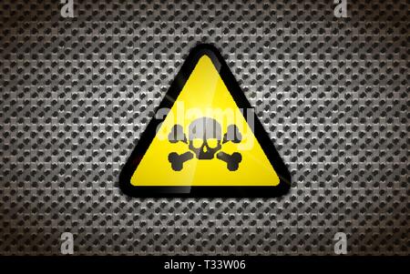 Bright yellow warning sign with black skull on metallic grid, industrial background Stock Vector