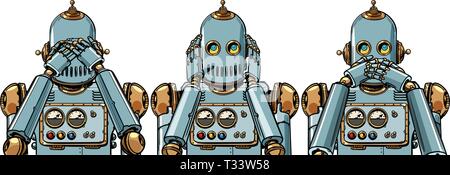 robot. I see nothing, hear nothing, say nothing. isolate on white background. Pop art retro vector illustration vintage kitsch Stock Vector
