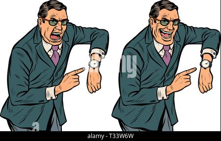 late points to watch. set kind and angry face. Pop art retro vector illustration kitsch vintage Stock Vector