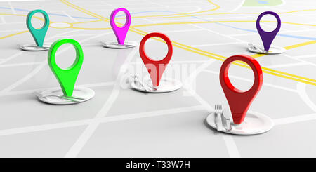 Restaurants in the city, food concept. Location pointers and table settings on city map background. 3d illustration Stock Photo