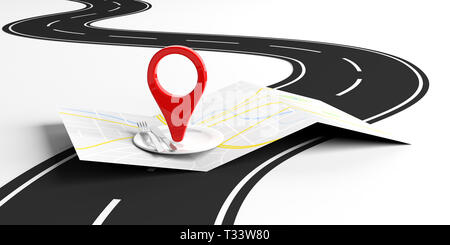 Restaurant location, food concept. Red location pointer and table setting on city map, highway road background. 3d illustration Stock Photo