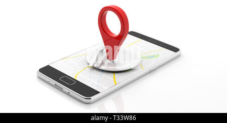 Restaurant online delivery, fast food concept. Red location pointer and table setting on mobile phone, map on the screen, isolated on white background Stock Photo