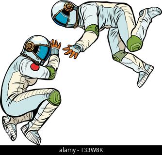 two astronauts in zero gravity. Pop art retro vector illustration kitsch vintage Stock Vector