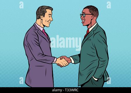 African and Caucasian businessmen men handshake. Pop art retro vector illustration vintage kitsch 50s 60s Stock Vector