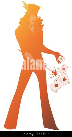 Silhouette of magician wearing top hat, holding a magic wand doing magic with playing cards, isolated on white background Stock Vector