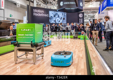 HANNOVER / GERMANY - APRIL 02 2019 : Casun is presenting the newest generation of automated guided vehicles at the HANNOVER FAIR. Stock Photo