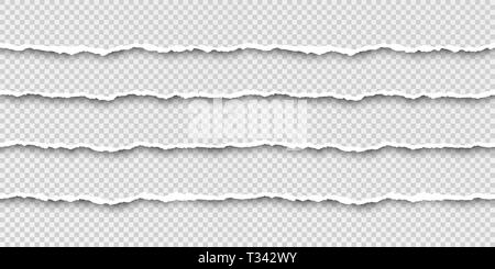 Set of tear seamless paper stripes. Paper texture with damaged edge. Vector illustration isolated on transparent background Stock Vector