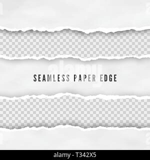 Set of torn seamless paper borders. Abstract paper texture with damaged edge. Vector illustration isolated on transparent background Stock Vector