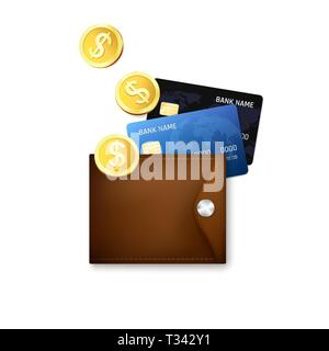Leather wallet with credit cards and gold coins. Vector illustration Stock Vector