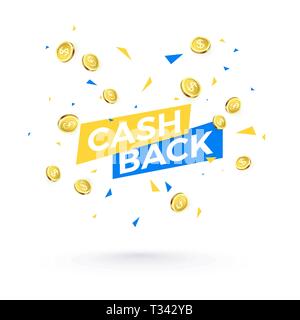 Cashback banner concept. Cashback text and falling confetti and golden coins. Vector illustration isolated on white background Stock Vector