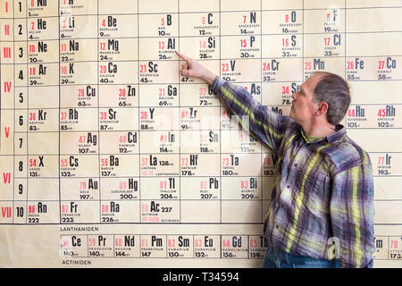 Chemistry teacher points at periodic table on wall chart hanging in high school Stock Photo