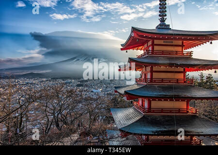 Famous Place of Japan with Chureito pagoda and Mount Fuji at sunset