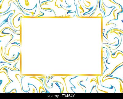 Card design with colorful marble pattern. Elegant concept in blue, white and yellow colors. Gold frame in the middle. Space for the copy. Stock Vector