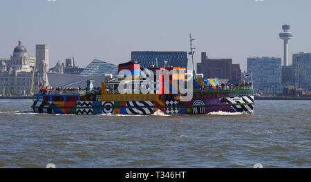 Mersey Ferry Snowdrop decorated in the style of a dazzle ship with a distinctive pattern entitled 'Everybody Razzle Dazzle' by Sir Peter Blake. Stock Photo