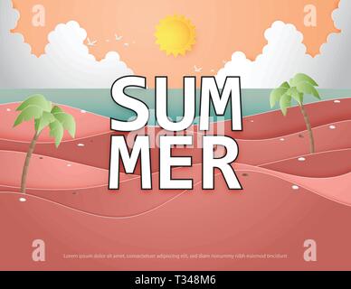 Creative illustration summer background concept with landscape of beach and sea. Summer season design for brochure, web banner, flyer, invitation, pos Stock Vector