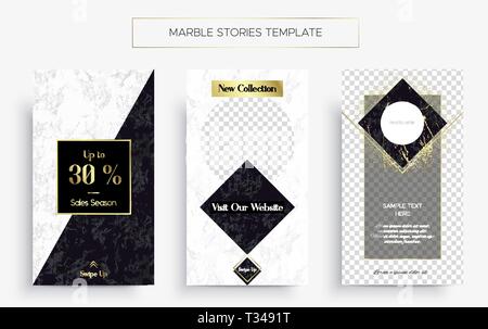 Set of Marble Stories template. Three banners. Stock Vector