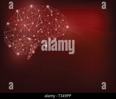 Brain from polygon mesh, with light points. Line network on red and black gradient background. Health or technology concept. Stock Vector