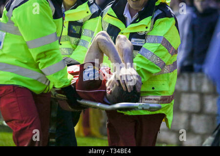 CIARAN COLL of Derry City FC being taken away in a stretcher  during the Airtricity League fixture between Finn Harps FC & Derry City FC at Finn Park, Stock Photo