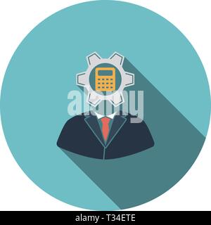 Analyst with gear hed and calculator inside icon. Flat color design. Vector illustration. Stock Vector