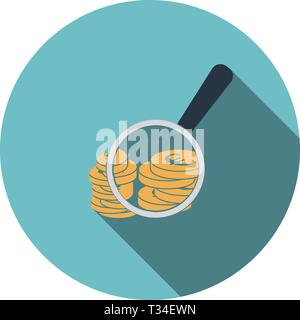 Magnifying over coins stack icon. Flat color design. Vector illustration. Stock Vector