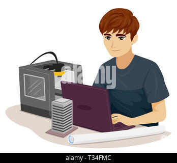 Illustration of a Teenage Guy Using a Laptop and 3D Printer with Model Building and Blue Print Stock Photo