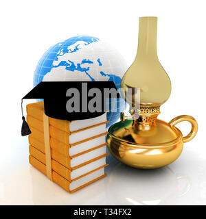 Leather books, Earth, kerosene lamp and graduation hat. 3d render Stock Photo