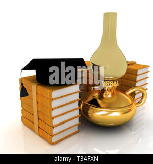Leather books, kerosene lamp and graduation hat. 3d render Stock Photo