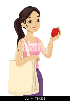 Illustration of a Teenage Girl Inspecting a Red Tomato and Carrying a Reusable Market Bag Stock Photo