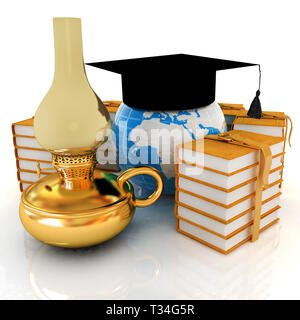 Leather books, Earth, kerosene lamp and graduation hat. 3d render Stock Photo