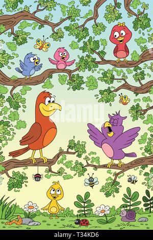 Funny birds in tree. Hand draw vector illustration with separate layers. Stock Vector