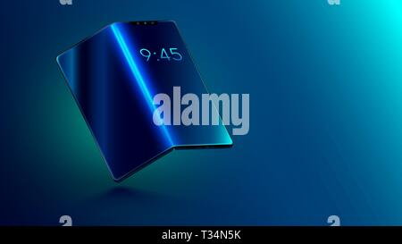 Foldable smartphone with foldable screen. Flexible display of mobile phone bended hanging over table. New technology transforming phone into a tablet Stock Vector