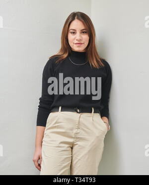 Berlin, Germany. 06th Apr, 2019. Actress Almila Bagriacik is on the verge of an interview with the film 'Nur eine Frau'. The film will be released in German cinemas on 09.05.2019. Credit: Annette Riedl/dpa/Alamy Live News Stock Photo