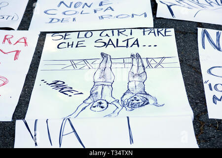 Rome, Italy. 06th Apr, 2019. A banner referred to the cartoon shared on Twitter by actor-turned-political-cartoonist Jim Carrey showing her grandfather and his lover Claretta Petacci strung up in Milan's Piazza Loreto after their execution by Italian partisans in 1945 and captioned 'this is where fascism leads'. The banner repeats Jim Carey's answer to the Mussolini's grandaughter: She can always flip the cartoon upside down. And it looks like her grandfather is jumping for joy. Rome April 6th 2019. Counterdemonstration of activists from the anti-fascist movements in the Torre Maura district o Stock Photo