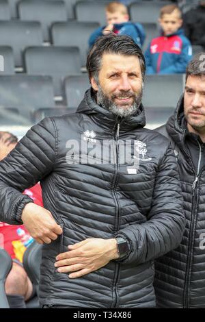 Milton Keynes, UK. 6th Apr, 2019.Milton Keynes, UK. 6th Apr, 2019Lincoln City's manager Danny Cowley before the Sky Bet League 2 match between MK Dons and Lincoln City at Stadium MK, Milton Keynes on Saturday 6th April 2019. (Credit: John Cripps | MI News)  Editorial use only, license required for commercial use. No use in betting, games or a single club/league/player publications. Photograph may only be used for newspaper and/or magazine editorial purposes. May not be used for publications involving 1 player, 1 club or 1 competition without written authorisation from Football Data Co Ltd. Cre Stock Photo