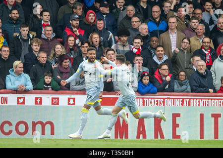 London, UK. 06th Apr, 2019. Jayden Bogle of Derby County celebrates scoring his goal during the EFL Sky Bet Championship match between Brentford and Derby County at Griffin Park, London, England on 6 April 2019. Photo by Salvio Calabrese. Editorial use only, license required for commercial use. No use in betting, games or a single club/league/player publications. Credit: UK Sports Pics Ltd/Alamy Live News Stock Photo