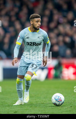 London, UK. 06th Apr, 2019. Jayden Bogle of Derby County during the EFL Sky Bet Championship match between Brentford and Derby County at Griffin Park, London, England on 6 April 2019. Photo by Salvio Calabrese. Editorial use only, license required for commercial use. No use in betting, games or a single club/league/player publications. Credit: UK Sports Pics Ltd/Alamy Live News Stock Photo