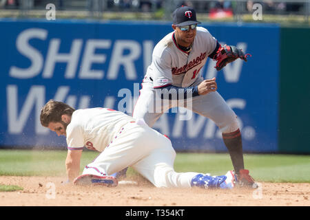 Philadelphia, Pennsylvania, USA. 6th Apr, 2019. Minnesota Twins catcher  Willians Astudillo (64) looks on during the MLB game between the Minnesota  Twins and Philadelphia Phillies at Citizens Bank Park in Philadelphia,  Pennsylvania.