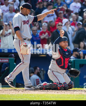 Philadelphia, Pennsylvania, USA. 6th Apr, 2019. Minnesota Twins catcher  Willians Astudillo (64) looks on during the MLB game between the Minnesota  Twins and Philadelphia Phillies at Citizens Bank Park in Philadelphia,  Pennsylvania.