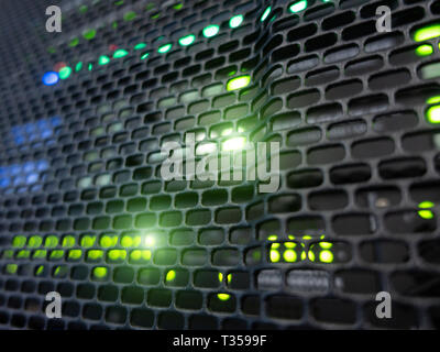 Panel modern servers in the data center. Supercomuter telecommunication technology. Stock Photo