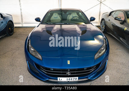 Valencia,Spain - March 30, 2019:  : Blue  Ferrari F12Berlinetta supercar. Front view. Stock Photo