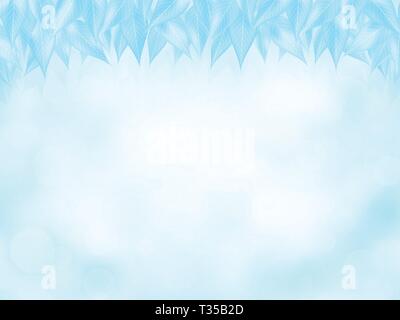Nature background in winter colors. Icy blue leaves frame behind blurred forest, with bokeh light effect. Empty space for the text. Stock Vector