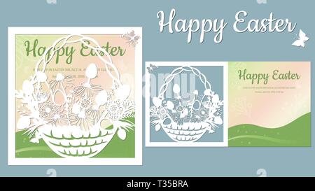 basket, butterfly, dandelion, grass. Paper postcard Easter egg and flowers in basket. Laser cut. postcard template for laser cutting and Plotter. Vect Stock Vector