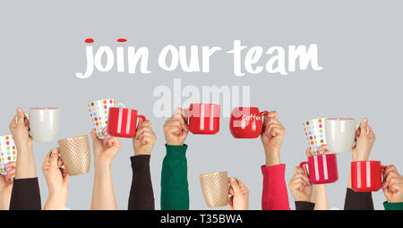 many raised hands up with ceramic cups on a white background, recruitment concept, join our team Stock Photo