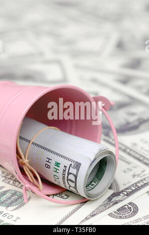 A bundle of US dollars in a metal pink pail on a set of dollar bills. The concept of abundance and excess cash Stock Photo